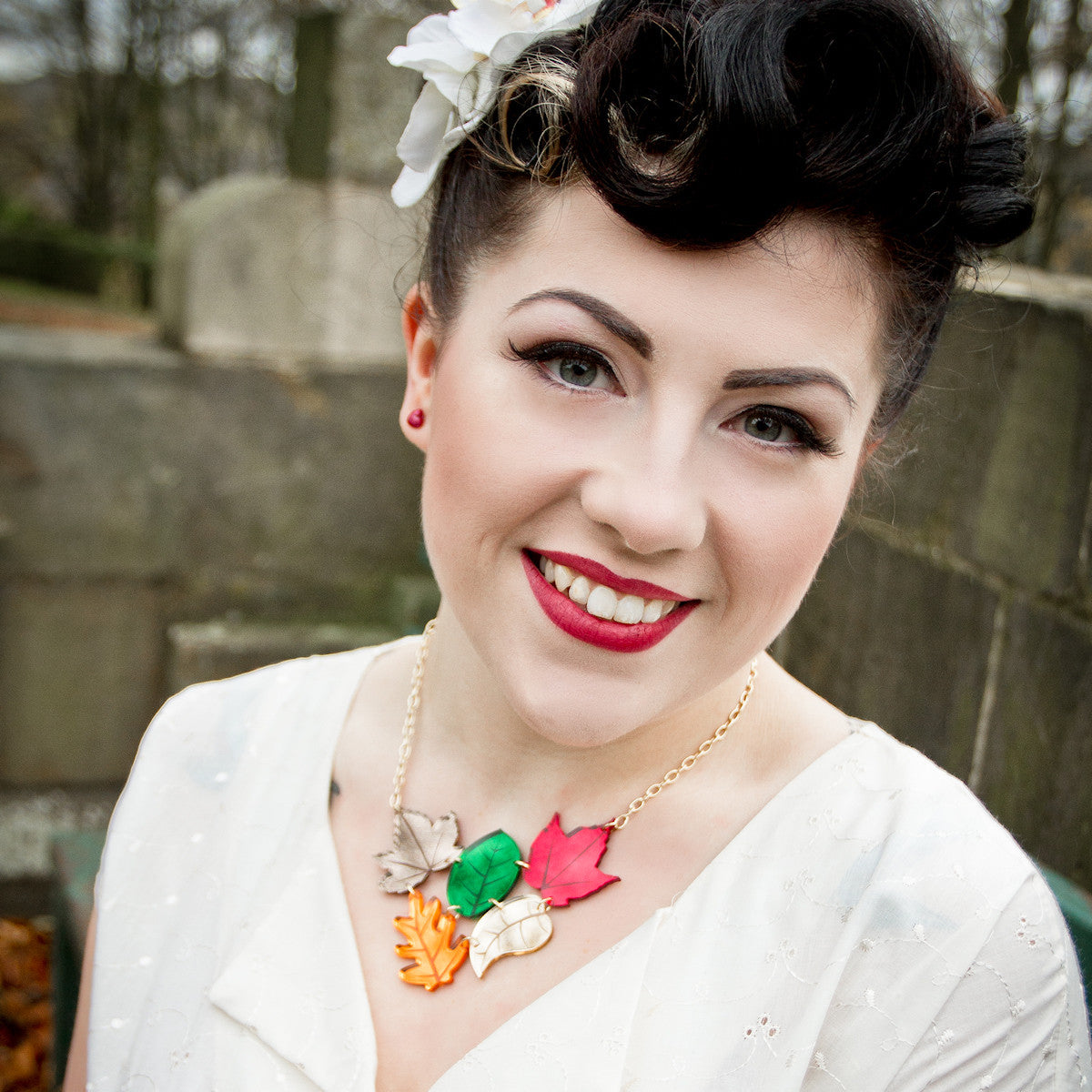 Sugar & Vice Autumn Leaves Cluster Necklace modelled